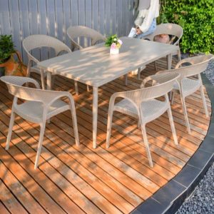 Oatmeal Patio-Essgruppe, Rechteckiger Metalltisch mit Stuhl, UV-beständig, 5-teilig, 63"L x 35,5"B x 28,3"H, Tisch & 4 Stühle