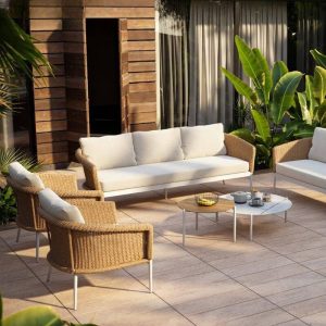 Weißes Loveseat mit Schaumstoffbezug für 2, UV-beständig, trendiger Stil, Kissen inklusive, 1 Stück, 2-Sitzer Sofa