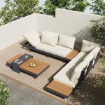Graues Metall-Patio-Set, gepolstert mit abnehmbaren weißen Baumwollkissen - 3 Teile (3-Sitzer Sofa & 3-Sitzer Mittelposition Sofa & Couchtisch)