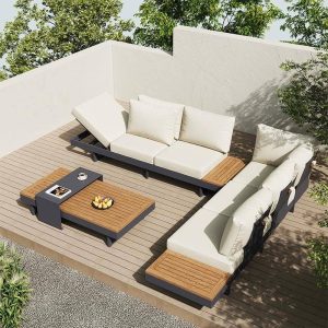 Graues Metall-Patio-Set, gepolstert mit abnehmbaren weißen Baumwollkissen - 3 Teile (3-Sitzer Sofa & 3-Sitzer Mittelposition Sofa & Couchtisch)