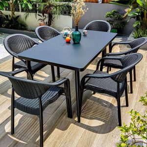 Patio Esszimmer-Set, Tinte Metalltisch, 7-teiliges Set, Rechteckiges Design mit Stuhl, UV-beständig, 79"L x 39"B x 28"H, Tisch & 6 Stühle
