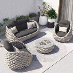 Seilgeflecht Modernes WeCourtyard Sofa-Set Grau mit Steintisch-Coffee-Table - 4-teiliges Set (2 Stühle & 1 3-Personen-Sofa & 1 Coffee-Table)