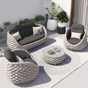 Seilgeflecht Modernes WeCourtyard Sofa-Set Grau mit Steintisch-Coffee-Table - 4-teiliges Set (2 Stühle & 1 3-Personen-Sofa & 1 Coffee-Table)