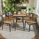 Terrassen-Esstisch mit Schließfach in natürlicher Farbe, Quadratischer Metallrahmen einfaches Design, Natürlich/Weiß, Nur Tisch