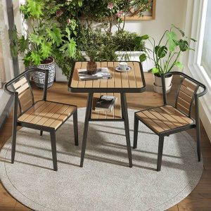 Terrassen-Esstisch mit Schließfach in natürlicher Farbe, Quadratischer Metallrahmen einfaches Design, Natürlich/Weiß, Nur Tisch