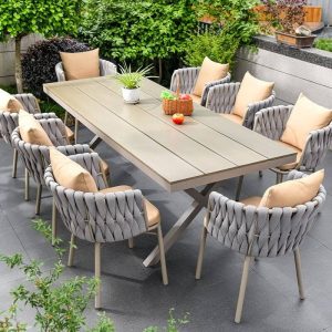 Polsterter Grauer Outdoor-Esstischset mit Kissen, 7-teilig UV-geschützt mit Stuhl & Tisch, Grau, 59,1"L x 35,4"B x 29,5"H, Tisch & 6 Stühle