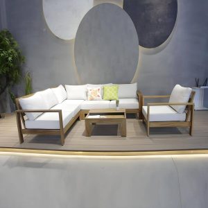 Weißes bequemes Kissen inbegriffen Courtyard Sofa Metallgestell für draußen - 4-teilig(Ecksessel&Linksarmige Loveseat&Rechtsarmige Loveseat&Teetisch)