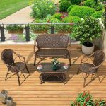 WeCourtyard Sofa-Set aus braunem Rankengeflecht mit wasserfestem Glas-Couchtisch - 4-teiliges Set (2 Stühle & 1 Loveseat & 1 Couchtisch)