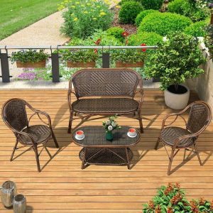 WeCourtyard Sofa-Set aus braunem Rankengeflecht mit wasserfestem Glas-Couchtisch - 4-teiliges Set (2 Stühle & 1 Loveseat & 1 Couchtisch)
