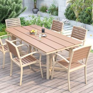 Natürliche Farbe Patio-Esstisch mit Metallrahmen im simplistischen Stil, 63"L x 27,6"B x 29,5"H, Natur, Nur Tisch