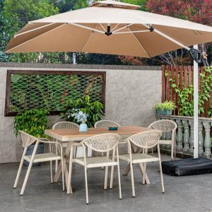 Grünes Patio-Essset mit Holztisch, 7-teiliges Set, rechteckige Form, Stuhlset, UV-beständig, inkl. Tisch, 70,9"L x 35,4"B x 29,5"H, Tisch & 6 Stühle, Ahorn