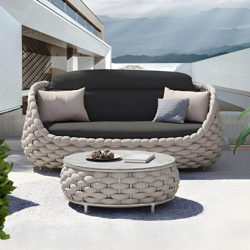 Steintisch-Couchtisch inklusive WeCourtyard Sofa Kombination Seilflechtarbeit in Grau - 1-Sitzer Sofa