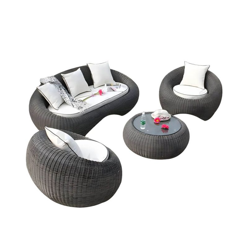 Glas-Couchtisch inklusive Courtyard Sofas Rattan Geflecht Modern in Grau - 4-teiliges Set (2 Stühle & 1 3-Personen-Sofa & 1 Couchtisch)