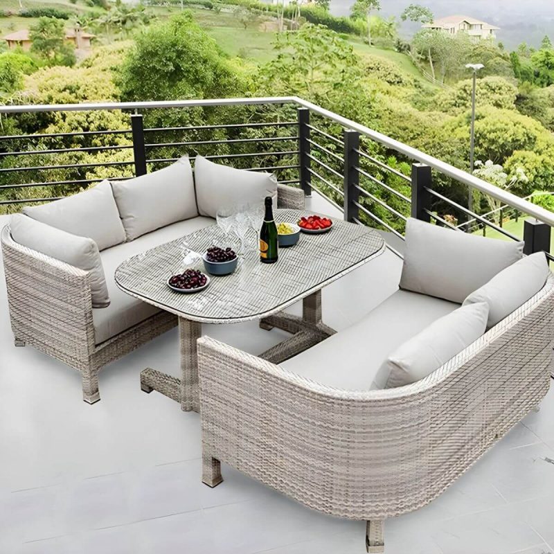 Rattan Flechtwerk Courtyard Sofa Kombination Hellgrau mit Glas-Couchtisch - 3-teiliges Set (2 Loveseats & Couchtisch)