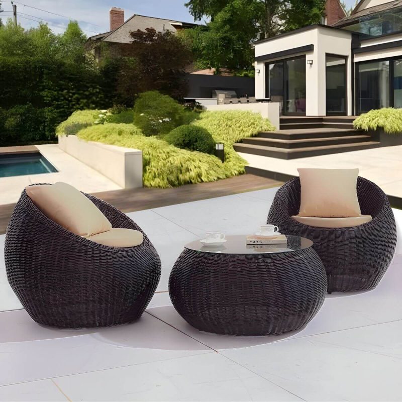 Dunkelbrauner Rattan Outdoor Sofa-Set im modernen Stil mit Glas-Couchtisch - 4-teiliges Set (2 Stühle & 1 Loveseat & 1 Couchtisch)