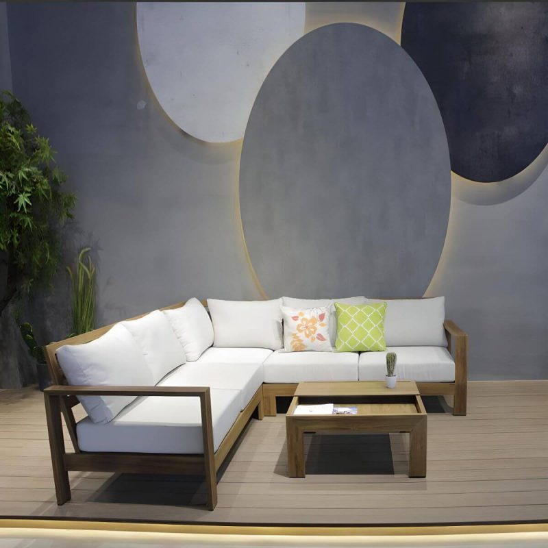 Weißes bequemes Kissen inbegriffen Courtyard Sofa Metallgestell für draußen - 4-teilig(Ecksessel&Linksarmige Loveseat&Rechtsarmige Loveseat&Teetisch)
