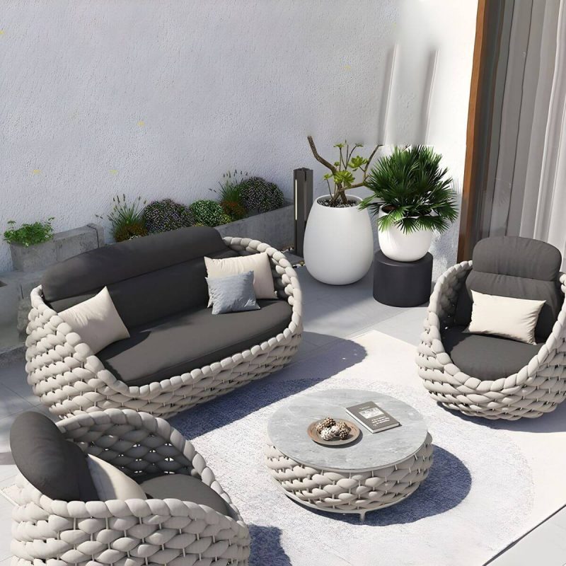 Steintisch-Couchtisch inklusive WeCourtyard Sofa Kombination Seilflechtarbeit in Grau - 3-teiliges Set (2 Stühle & 1 Couchtisch)