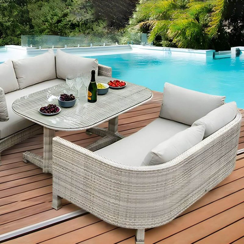Rattan Flechtwerk Courtyard Sofa Kombination Hellgrau mit Glas-Couchtisch - 3-teiliges Set (2 Loveseats & Couchtisch)