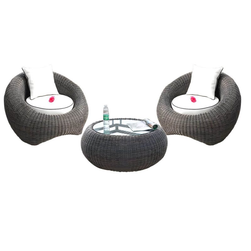 Glas-Couchtisch inklusive Courtyard Sofas Rattan Geflecht Modern in Grau - 3-teiliges Set (2 Stühle & 1 Couchtisch)