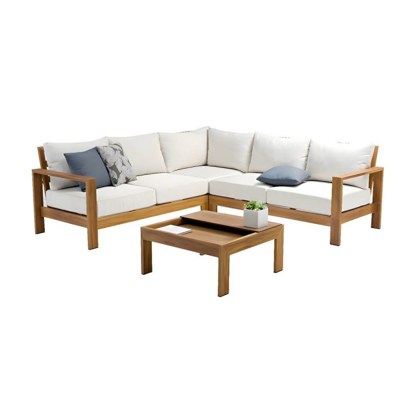 Weißes bequemes Kissen inbegriffen Courtyard Sofa Metallgestell für draußen - 4-teilig(Ecksessel&Linksarmige Loveseat&Rechtsarmige Loveseat&Teetisch)