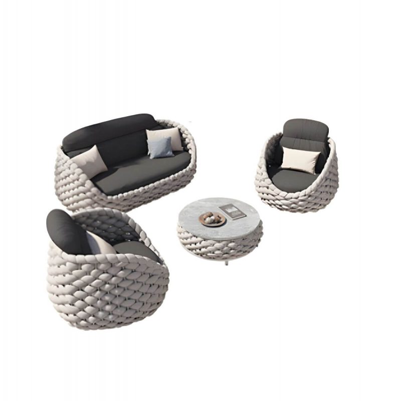 Steintisch-Couchtisch inklusive WeCourtyard Sofa Kombination Seilflechtarbeit in Grau - 4-teiliges Set (2 Stühle & 1 Loveseat & 1 Couchtisch)