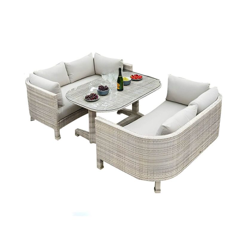 Rattan Flechtwerk Courtyard Sofa Kombination Hellgrau mit Glas-Couchtisch - 3-teiliges Set (2 Loveseats & Couchtisch)