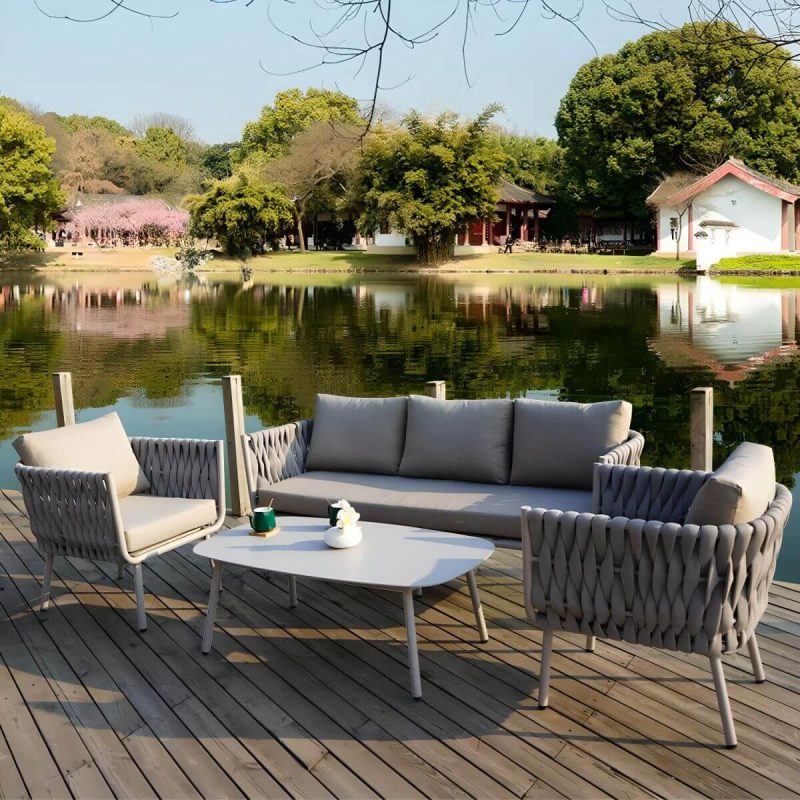 Seilgeflochtener moderner Patio-Sofa-Kombination wasserdicht mit Metallrahmen - 4-teiliges Set (2 Stühle & 1 3-Personen-Sofa & 1 Couchtisch)