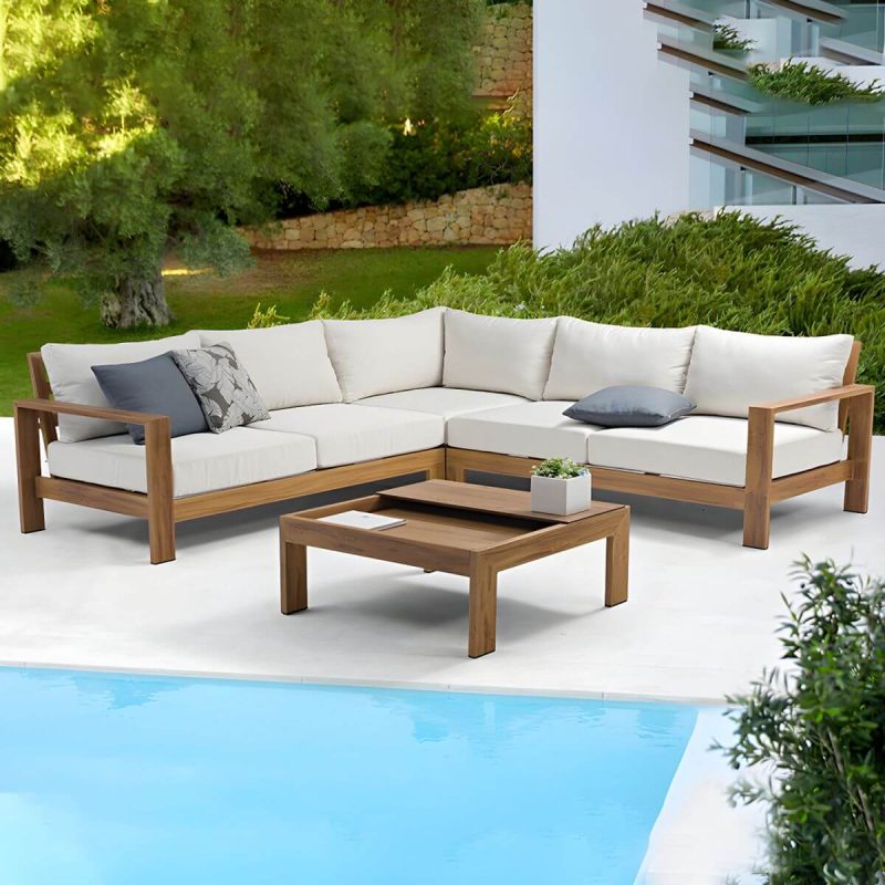 Weißes bequemes Kissen inbegriffen Courtyard Sofa Metallgestell für draußen - 4-teilig(Ecksessel&Linksarmige Loveseat&Rechtsarmige Loveseat&Teetisch)
