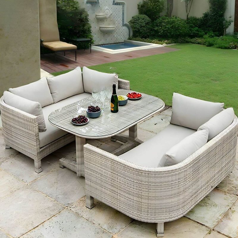 Rattan Flechtwerk Courtyard Sofa Kombination Hellgrau mit Glas-Couchtisch - 3-teiliges Set (2 Loveseats & Couchtisch)