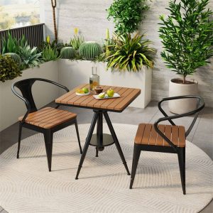 Lift Feature Runder Stahl-Patio-Esstisch mit hellbrauner Platte im minimalistischen Stil, Weiß, 22"L x 22"B x 31,5"H, Nur Tisch