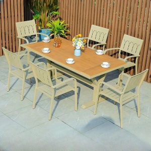 Art Deco Aluminium Grau Rechteckiger Terrassen-Esstisch für 6 Personen, 86,6"L x 35,4"B x 30,3"H, ohne Stühle