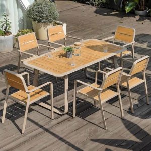 Moderner, einfacher Holzfarbe-Legierungs-Rechteck-Patio-Bartisch, nur Tisch, 80"L x 24"B x 41"H