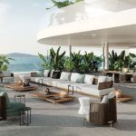 Braune wasserdichte Rattan-Outdoor-Sofa im tropischen Stil mit abnehmbarem Kissen - Quadratischer Teetisch