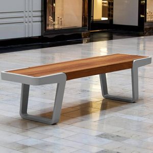 Zeitgenössische Edelstahl-Patiobank mit Edelstahlrahmen, Teak, 64"L x 17"B x 18"H