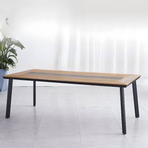 Industrieller UV-beständiger rechteckiger Holzoptik-Patio-Esstisch mit Holzmaserung, 63"L x 35"B x 29"H, ohne Stühle