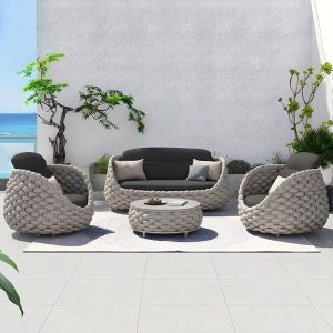 Steintisch-Couchtisch inklusive WeCourtyard Sofa Kombination Seilflechtarbeit in Grau - 4-teiliges Set (2 Stühle & 1 Loveseat & 1 Couchtisch)